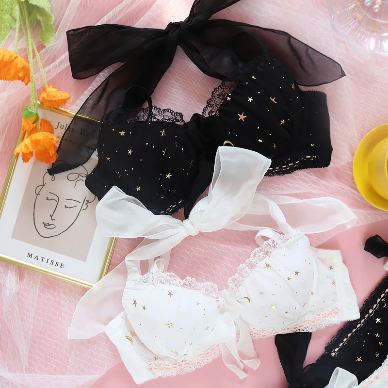 Sexy Japanese Sweet Lovely Starry Sky Lolita Push Up Underwire Bra & Panties Lingerie Set Young Girl Bandge Bow Underwear Set
