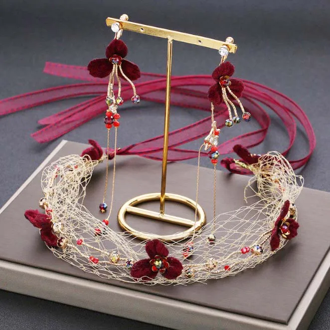 Корейские бордовые винные Красные кружевные ленты цветок сетка повязка на