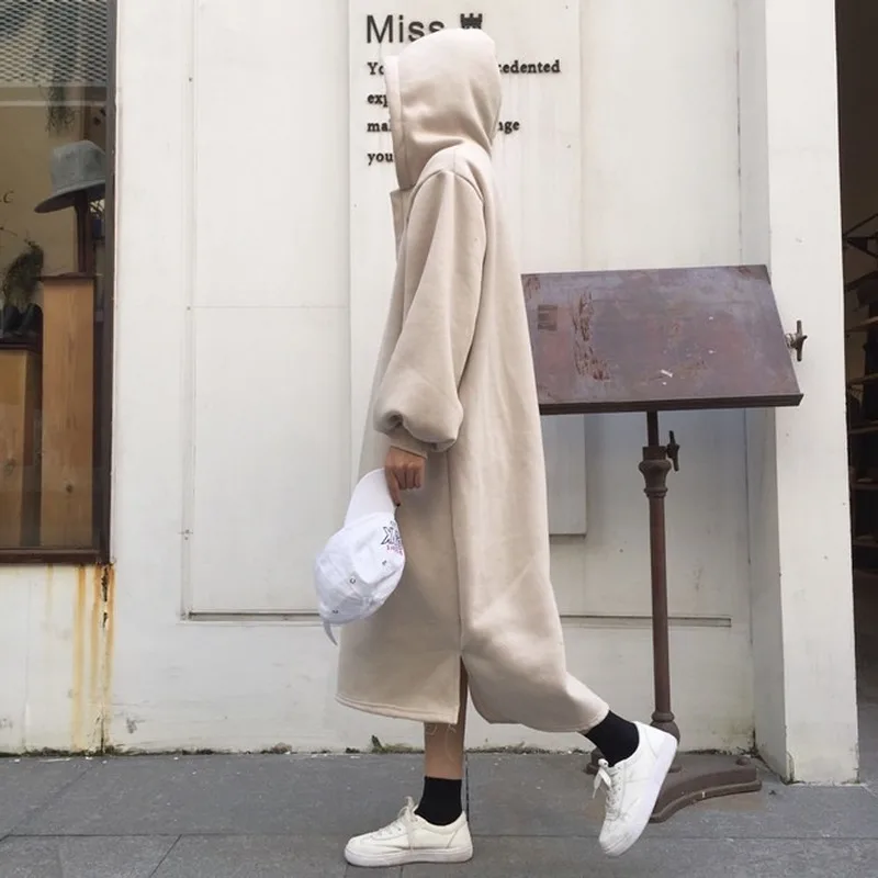 

New Autumn Winter Korean Style Solid Color Loose Leisure Long Sleeve Fleece-lined Splicing Temperament Mid-length Plush Sweater