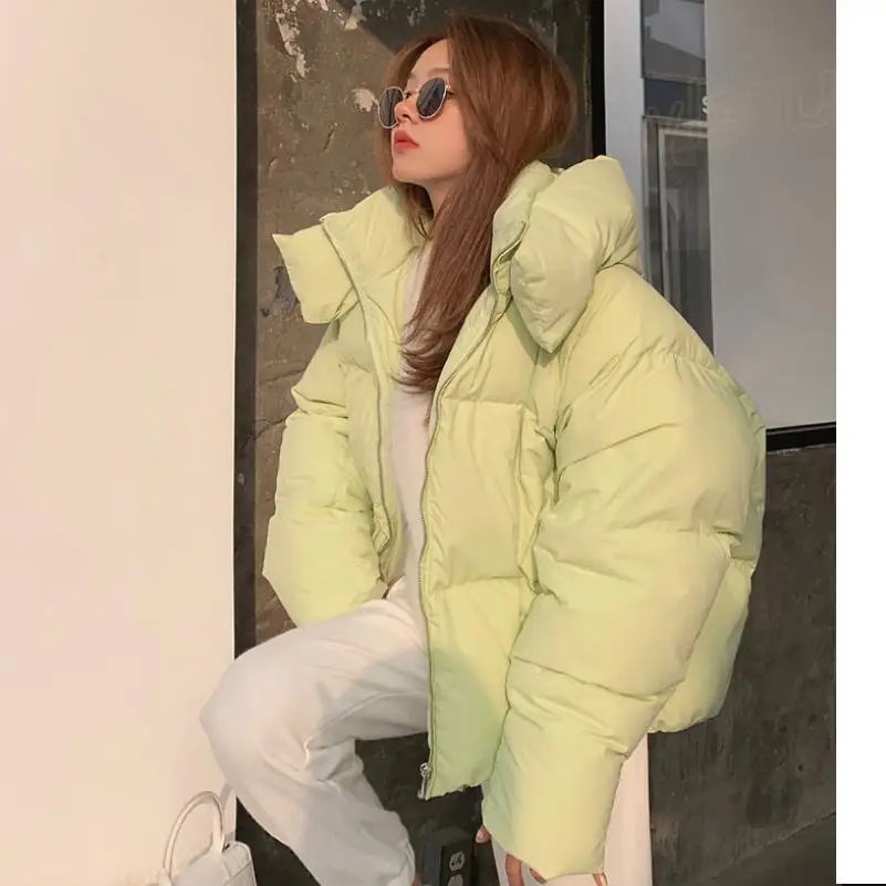 

Winter New Women Thickened Bread Down Jacket Loose Bat Sleeved Pink Green Solid Casual Coat Tops With Hooded