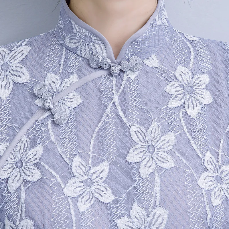 

Short-Sleeved Cheongsam Style Retro Button Elegant Retro Lace Chinese Style Dress Mid-Length Traditional Lady Long Silk Qipao