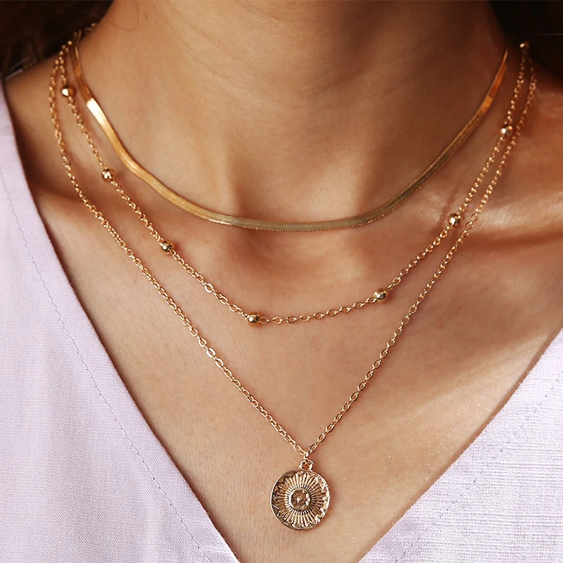 

Vintage Multi-layer Necklace For Women Gold Bead Fashion Lotus Pendant Unique Choker Wedding Party Jewelry Simple Clavicle Chain