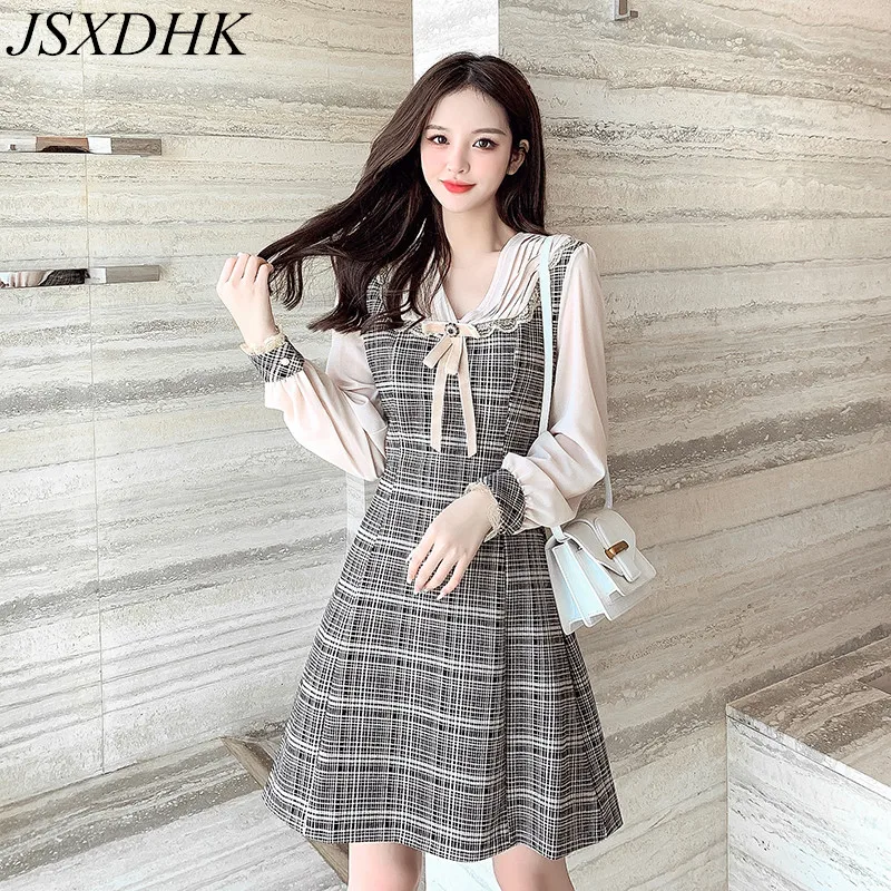 

JSXDHK New 2021 Autumn Bowknot V Neck Dress Vintage Women Chiffon Sleeve Patchwork Plaid Tweed Office Ladies A Line Mini Dresses