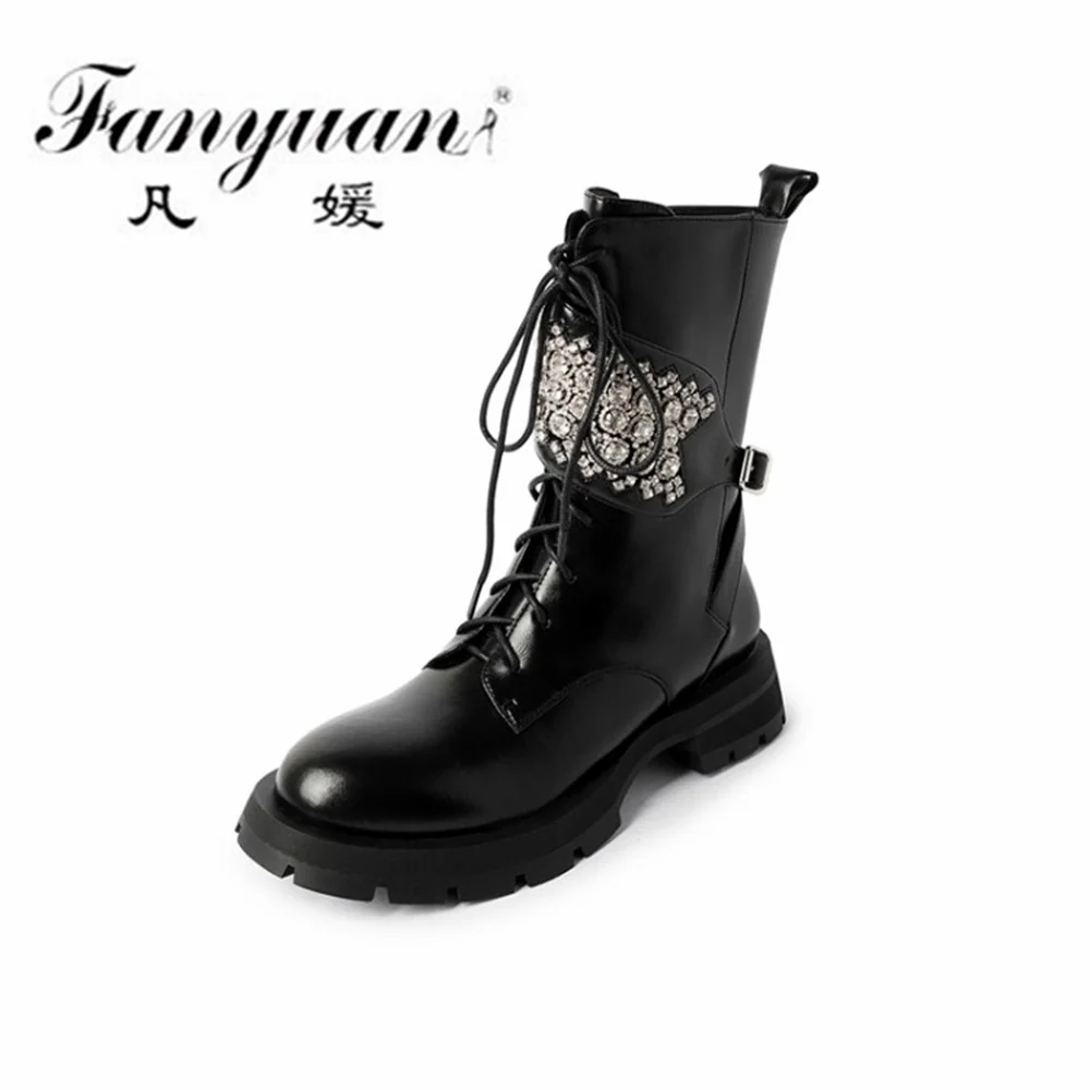 

Fanyuan Genuine Leather Women Ankle Boots Autumn Winter New Diamond Martin boots Casual Lace-Up Thick Heels Shoes Woman