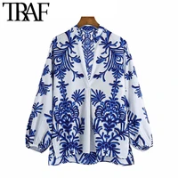 traf women chic fashion totem print asymmetric blouses vintage long sleeve side vents female shirts chic tops