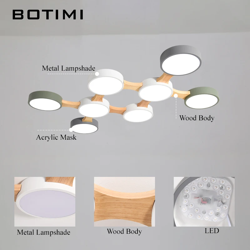 BOTIMI 220V светодиодный потолочный светильник s с круглым металлическим абажуром для гостиной современный поверхностный потолочный светильник Деревянный светильник для спальни