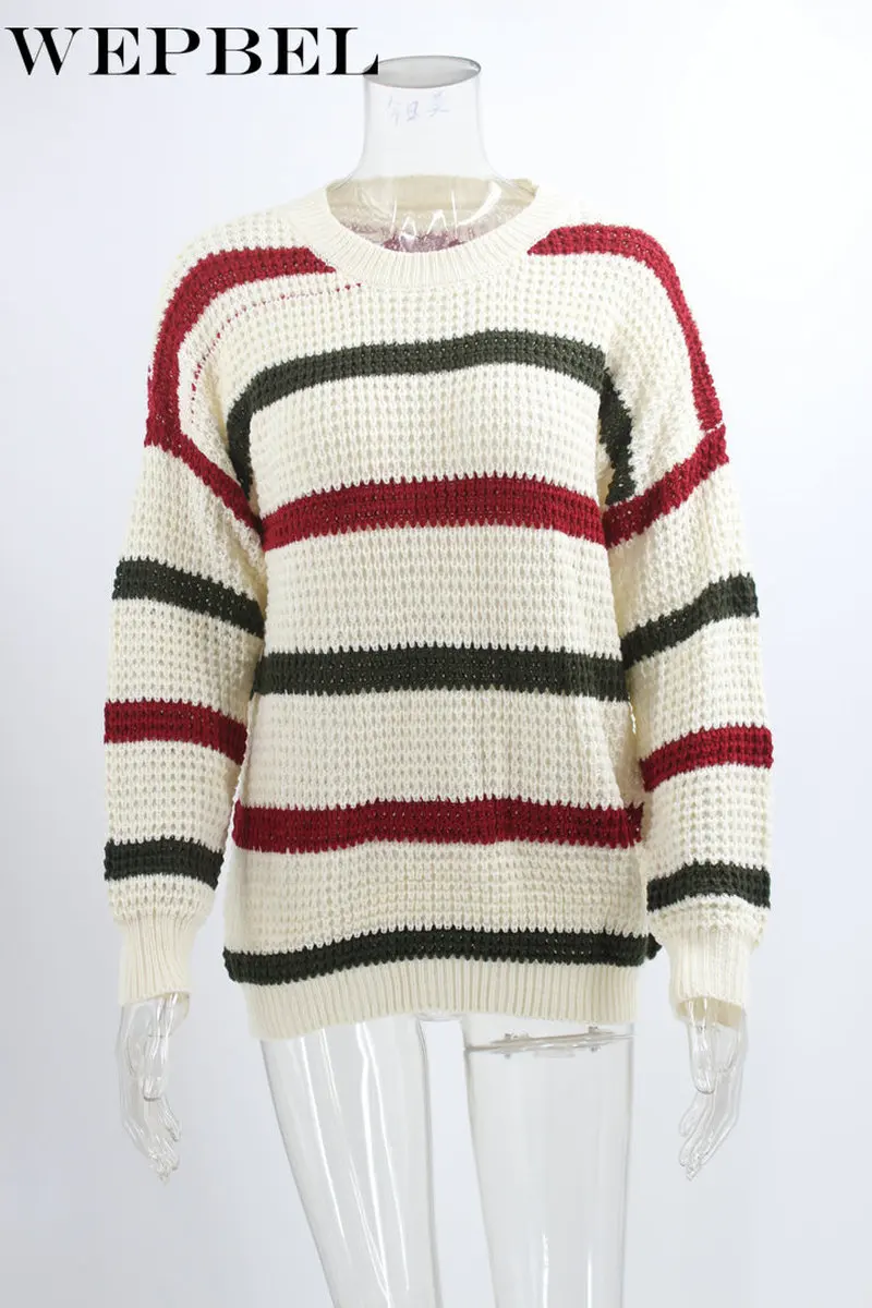 

WEPBEL Women Autumn Winter Warm Thick Knitted Sweater Casual Long Sleeve O Neck Stripe Pullover
