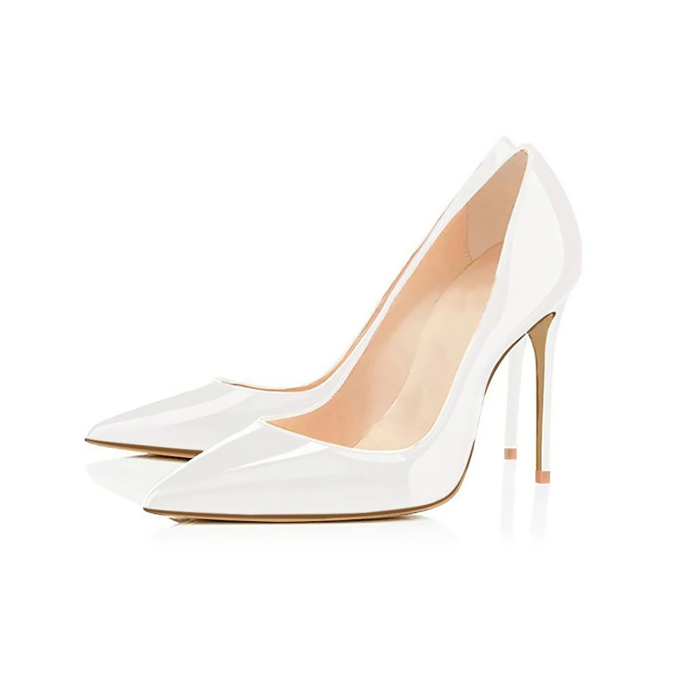 White 10cm heel GENSHUO/Женская обувь на тонком высоком каблуке-шпильке с острым носком из лакированной кожи большие размеры 12 брендовые свадебные туфли-лодочки Белый шпилька Неглубокие насосы для вечеринки каблуки лодочки туфли - Цвет: White 10cm heel