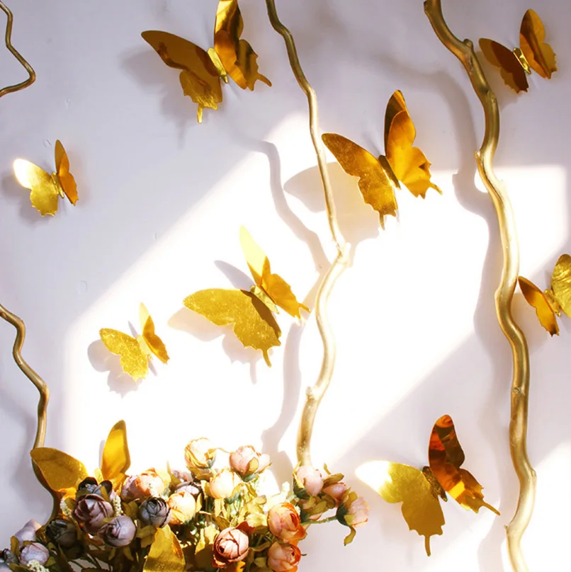 

12pcs/set New Arrive Mirror Gold Sliver Purple Blue Green 3D Butterfly Wall Stickers Party Wedding Decor DIY Home Decorations
