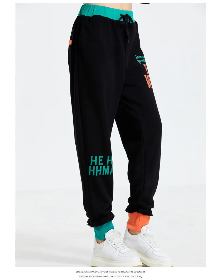 

Vefadisa Stitching Color Letter Print Women Pants 2021 Spring Drawstring Pencil Pants Casual Full Length Pants Black QYF3609