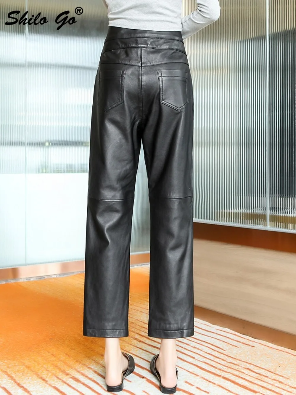 

Buttons Detail Front High Waist Pants Womens Office Ladies Work Wear Genuine Leather Straight Pants Casual Sheepskin Trousers
