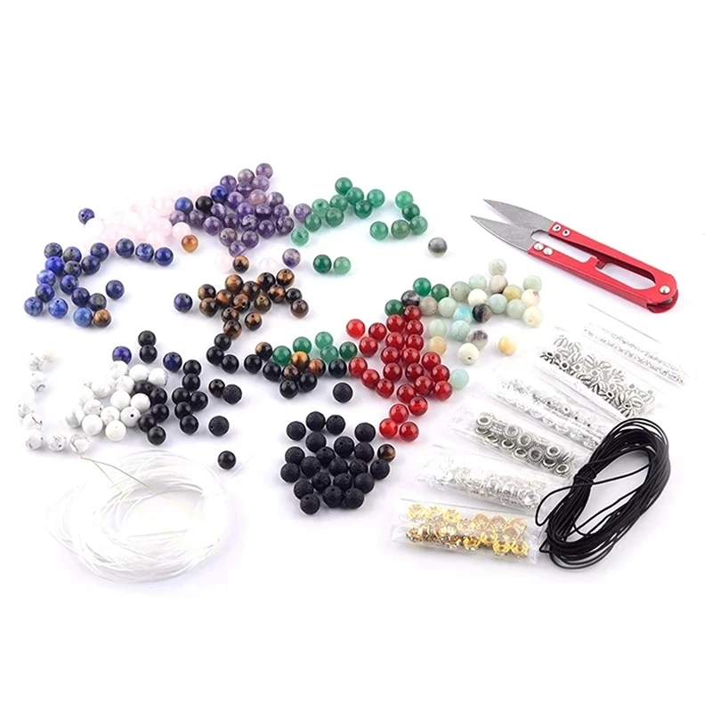 

Gem Bead Box Set Round Loose Stones Natural Amethyst Lava Mixed Color Bracelet Jewelry Making Tool Kit
