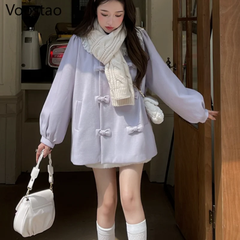 

Женское шерстяное пальто в стиле «лолита», теплая Свободная куртка с кружевным воротником в стиле пэчворк, теплая верхняя одежда, осень-зим...