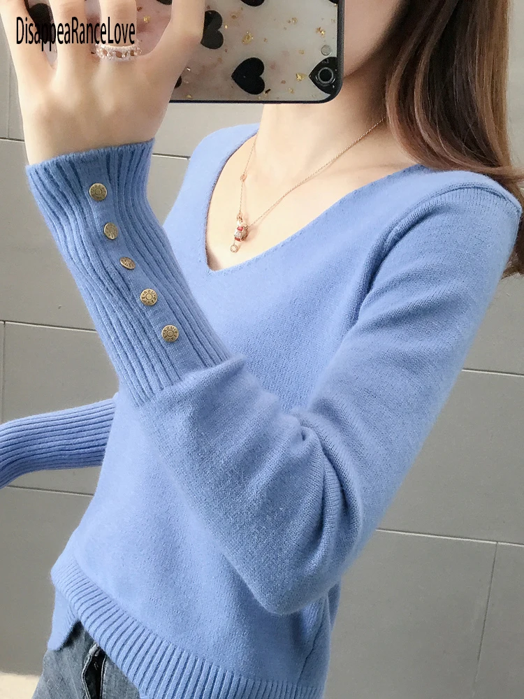 

New Autumn Women Sexy Long Sleeve V-neck 2020 Autumn Stretch Slim Fit Casual Jumper Buttoned Young Ladies Solid Basic Sweaters