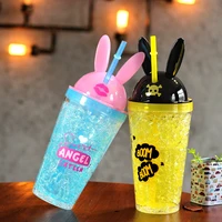 boxi kawaii bunny ears drinking straw bottle creative cute rabbit ice cup kpop fashion double straw plastic cartoon mug for girl