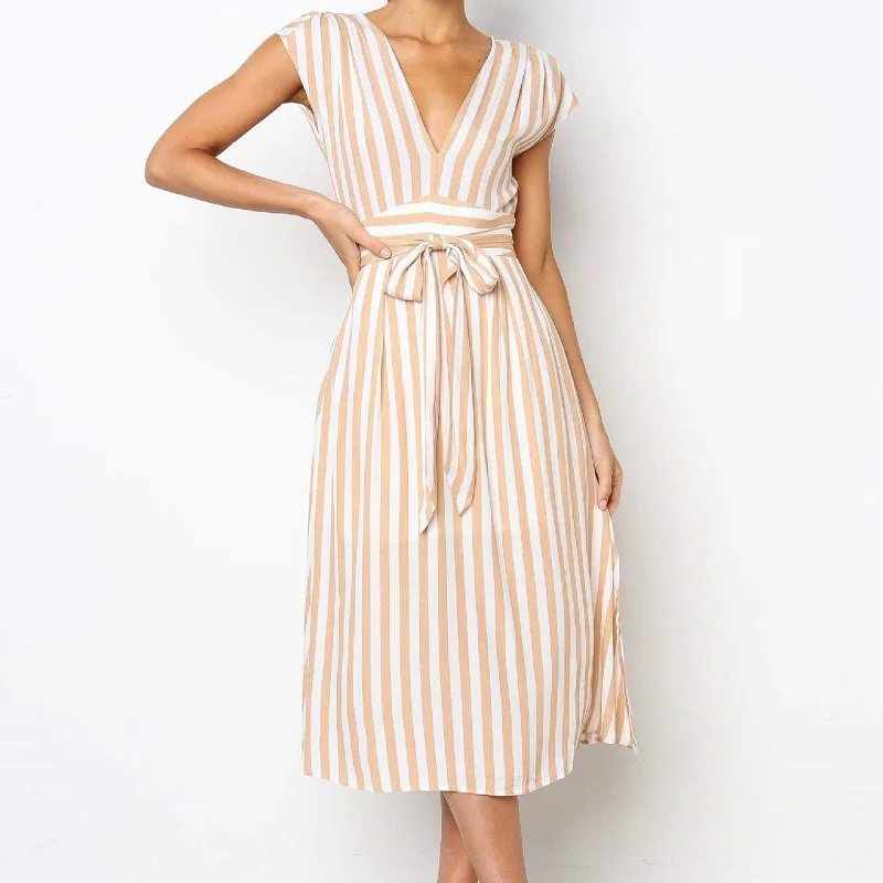 

Summer Dress Women Stripe Long Dress Sexy Deep V-neck Elegant Ladies Dresses 2021 Women Clothing Midi Dress Vestido De Mujer