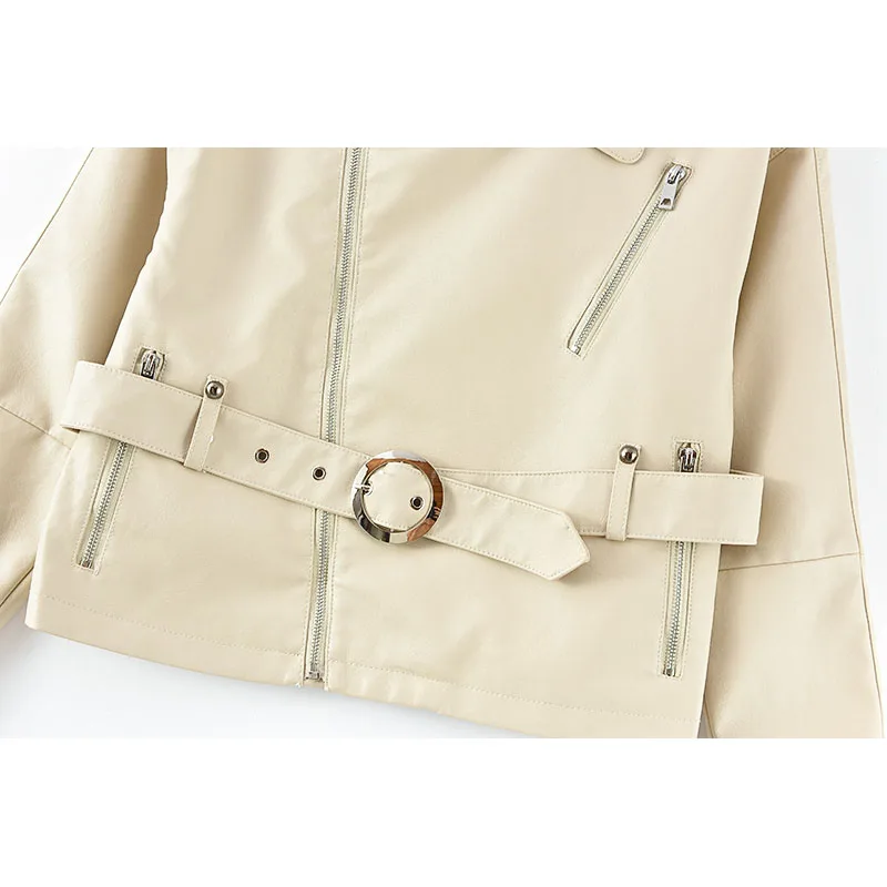 

Korean Turndown collar Slim Short Imitation PU Leather Coat Female Plus Belt Long sleeve Spring Autumn Casual Beige Biker Jacket