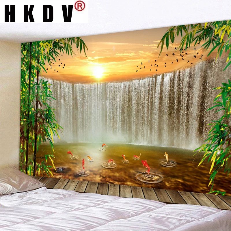 

HKDV Waterfall Fish Landscape Digital Printed Tapestry Wall Hanging Wall Covering Rugs Background Cloth Beach Mat Blanket Decor