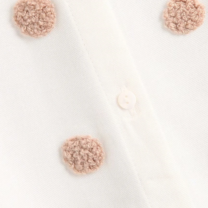 

2019 women sweet fur ball appliques casual business blouse shirts women dots embroidery office blusas chic autumn tops LS4234