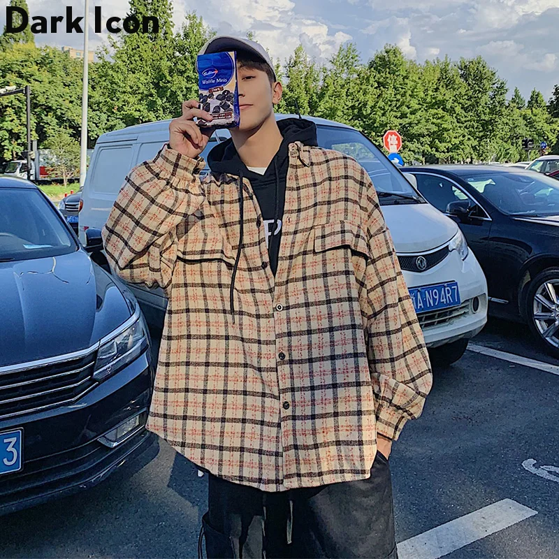 Темно-икона флисовые клетчатые уличные рубашки для мужчин рукав-фонарик новинка