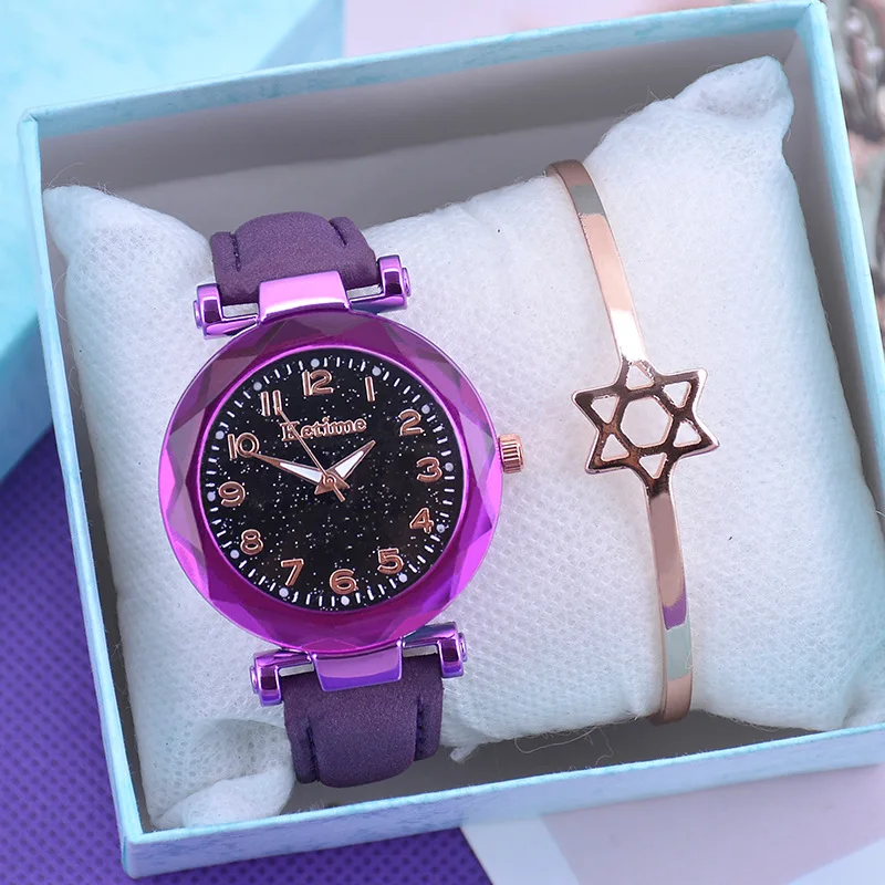 Purple no bracelet Модные женские часы Звездное небо, лидер продаж, кожаный браслет, кварцевые наручные часы, повседневные женские часы, Relogio Feminino - Цвет: Purple no bracelet