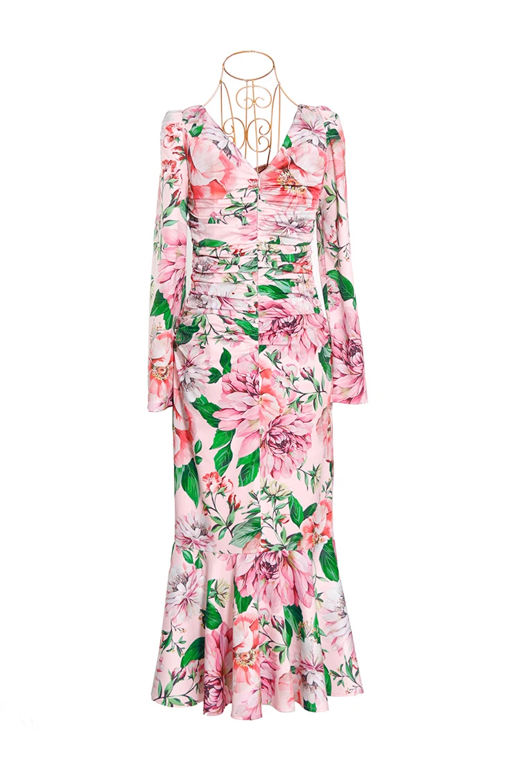 

New celebrity flower print pleated hip long sleeve dress star fishtail