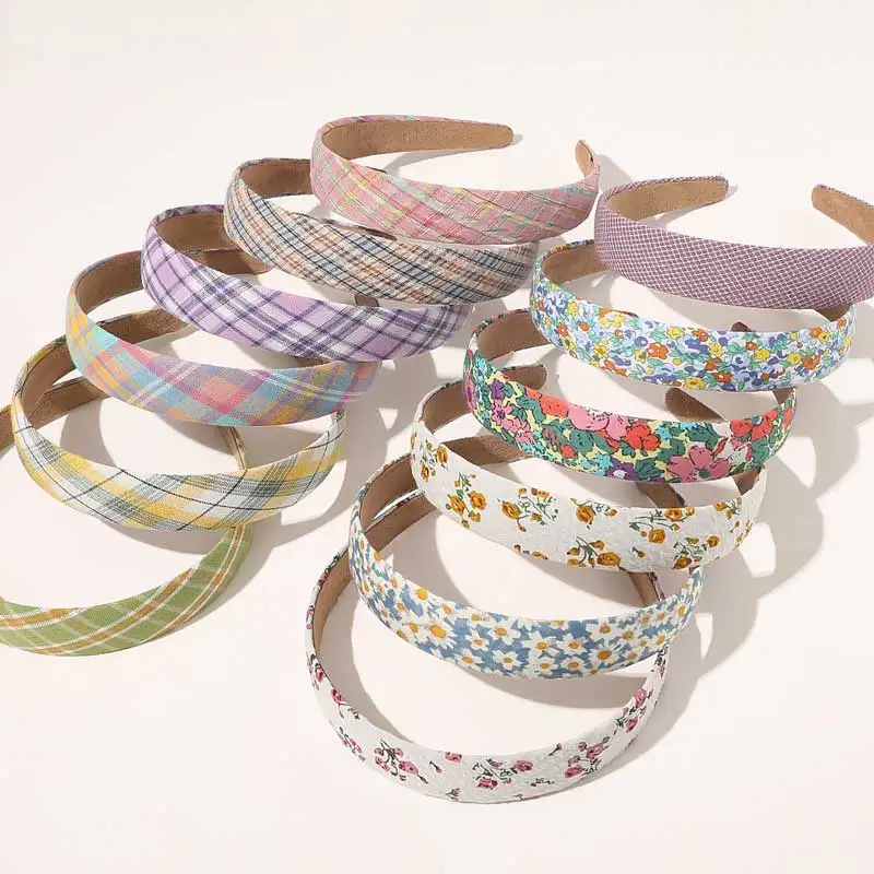 

2021 New Women Floral Striped Plaids Print Headband Plastic Headwear Hair Accessories Head Hoop Female Sweet Wide Side Hairband