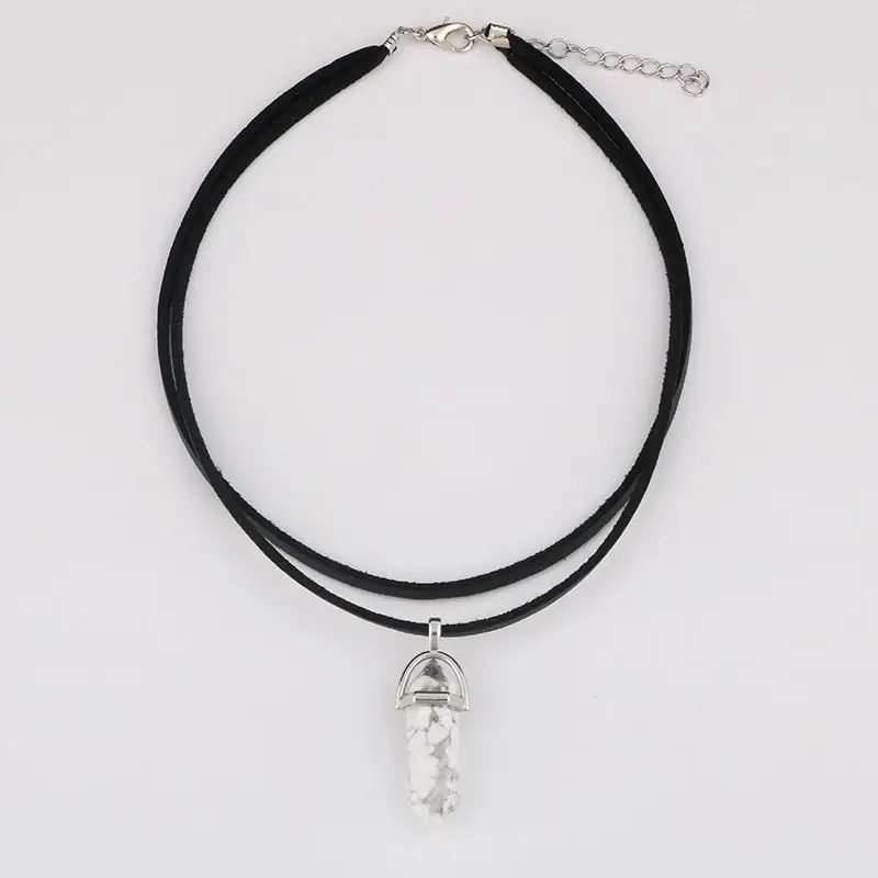 

Fashion Natural stone Opal Pink Purple Crystal Hexagonal Column Pendant Necklaces Leather Chains Necklace