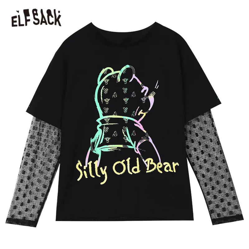 

ELFSACK Harajuku Black Graphic Print Casual Women T-Shirts,2020 Autumn ELF Contrast Lace Korean Ladies Basic Daily Cute Tops