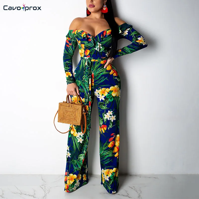 Women Flora Printed Long Sleeve Off Shoulder Bodycon Wide Leg Jumpsuit Wrap Belt Slim Fit Street Wear Fashion New Trend | Женская одежда