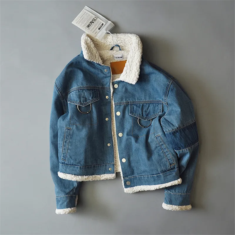 Женская джинсовая куртка с лацканами на осень и зиму теплое плотное пальто из