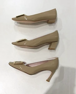 Gold-4.5cm Junetxin/женские туфли-лодочки из натуральной кожи без шнуровки обувь с квадратным носком и металлической пряжкой женские демисезонные туфли-лодочки однотонные туфли на высоком каблуке - Цвет: Gold-4.5cm