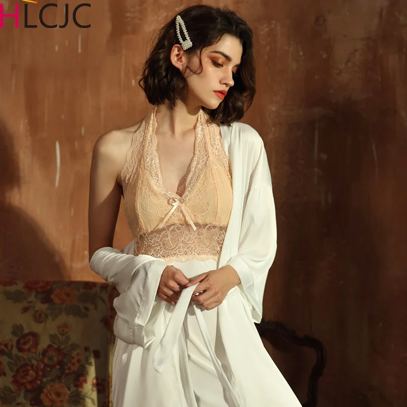 Женская сексуальная ночная рубашка с кружевом комплект из 2 предметов Шелковый