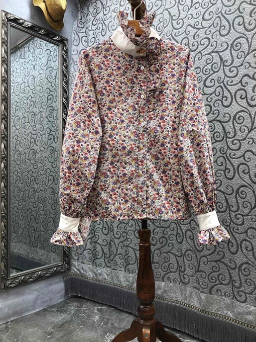 

2021 new women fashion leader color matching border small floral high neck long sleeve all-match blouse 813