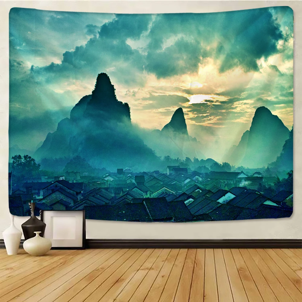 Live Photo Clear Mountain and Green Water Large Landscape Printed Tapestry Psychedelic Wall Hanging Bohemian Art Home Decor | Дом и сад