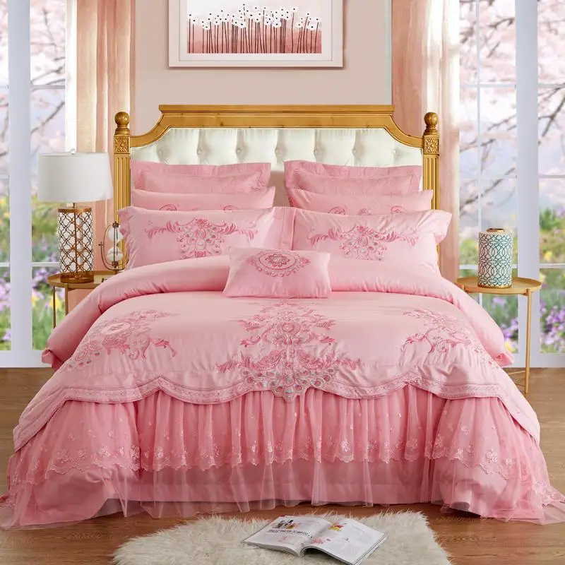 

New Luxury Silk Cotton Jacquard Lace Wedding Bedding Set Embroidery Lace Duvet cover set Bed Sheet Queen King size 4/6/8/9pcs