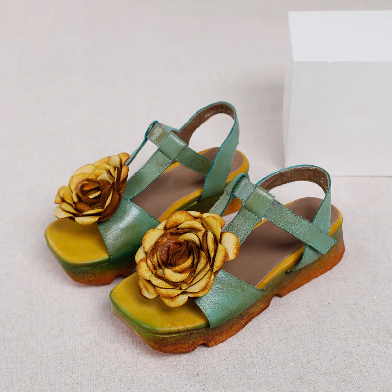 Женские сандалии из натуральной кожи ручной работы на платформе с ремешком