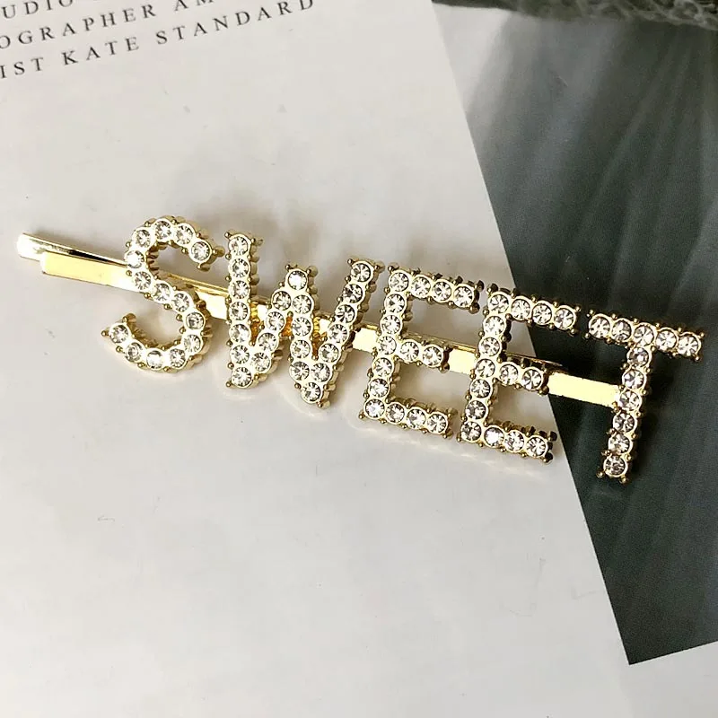 SWEET-Gold 1 шт. женские буквы Стразы хрустальные шпильки для волос металлические заколки для волос аксессуары для волос серебро/золото да/секс/поцелуй - Цвет: SWEET-Gold