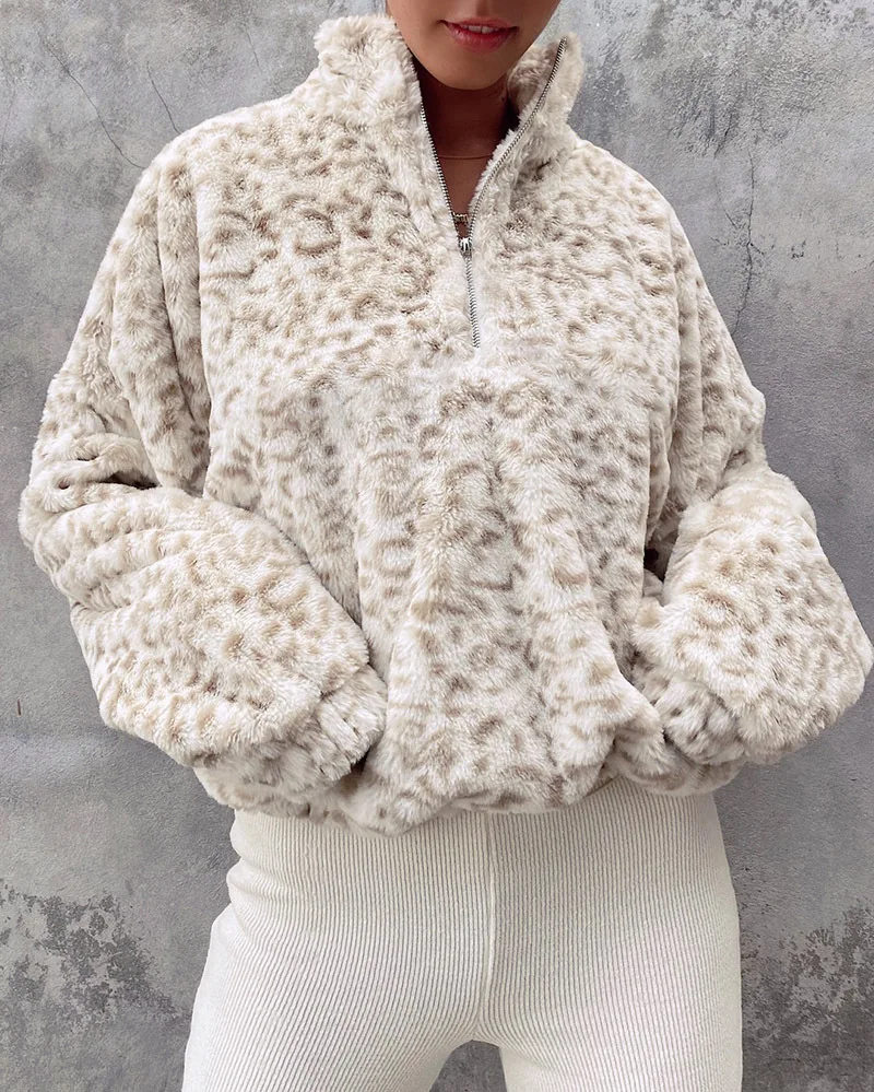 

Quarter Zip Sweatshirts 2020 Winter Women Loose Turtleneck Fashion Fleece Leopard Coats Tops Long Sleeve Pullover Casual Lady