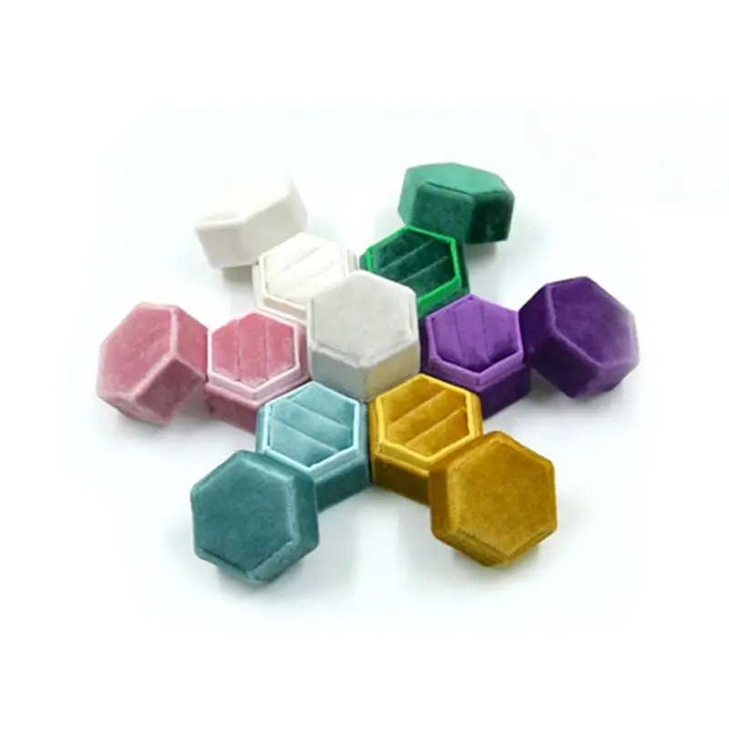 

Hexagon Velvet Ring Box Double Ring Display Holder Detachable Lid(Color Random)