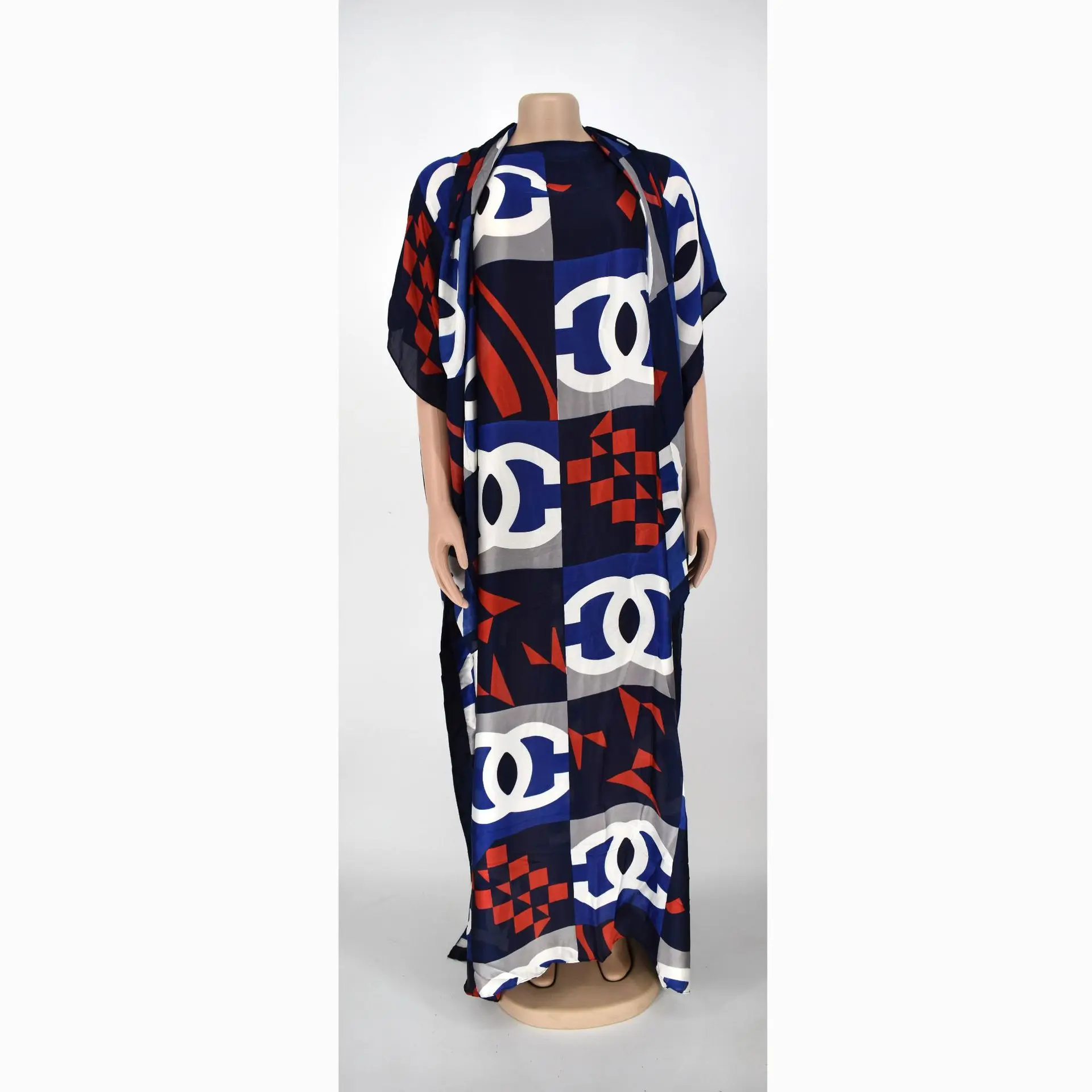 

2021 New Dress High Quality African Popular Large Silk One Shoulder Long Skirt with Extended Headscarf