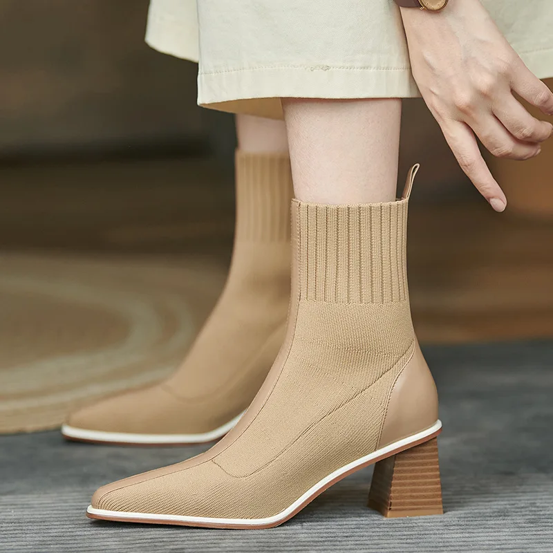 

Knitted Short Boots Women's Spring and Autumn New Style Single Boots Thick Heel Stretch Wool Socks Boots Mid-heel Fashion Boots