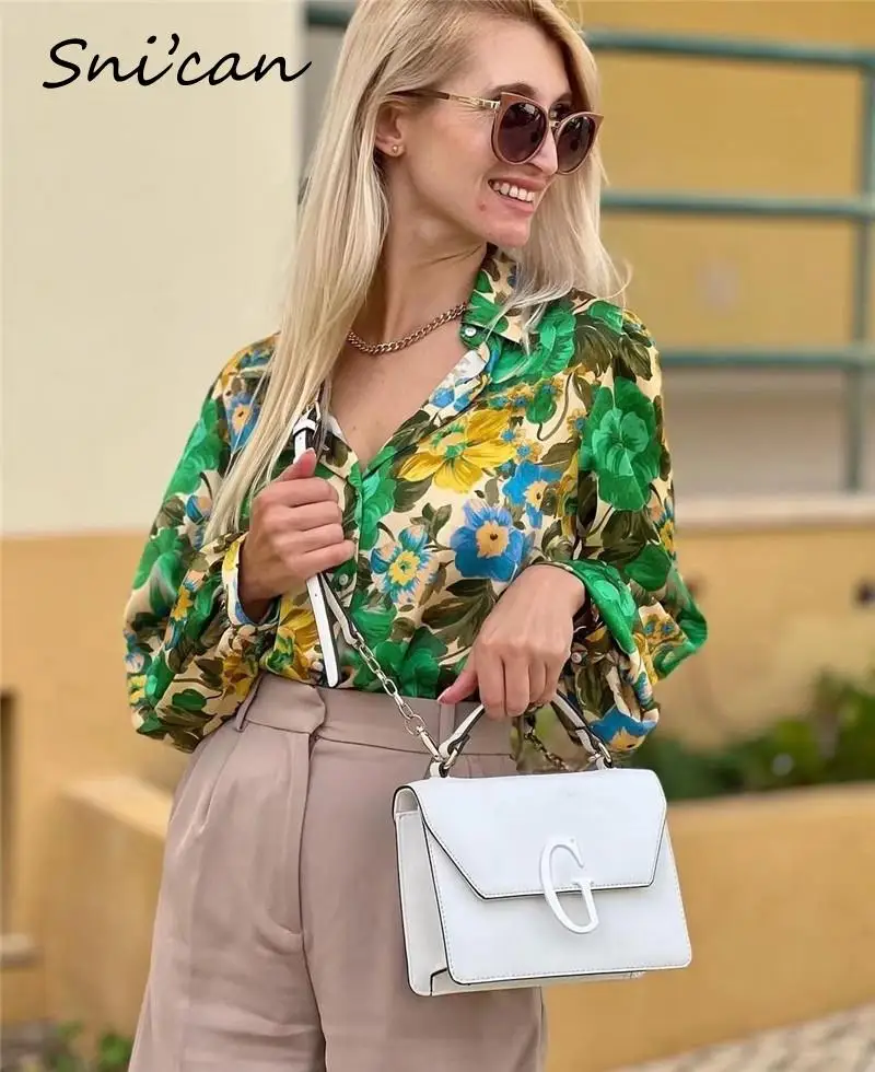 

Женская атласная блузка с длинным рукавом Za, зеленая Повседневная офисная рубашка с цветочным принтом, лето 2021