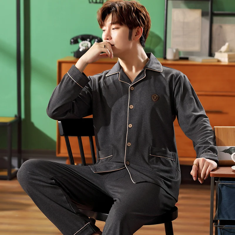New autumn and winter long-sleeved men's pajamas, pure cotton lapel solid color casual cotton plus size