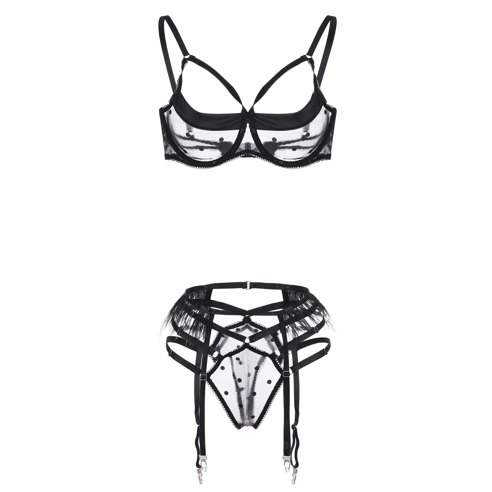 

Dot Mesh Transparent Sexy Lingerie Women Underwear Set Seamless Lace Bra Set Erotic Sensual Lingerie Woman Feather Garter Set