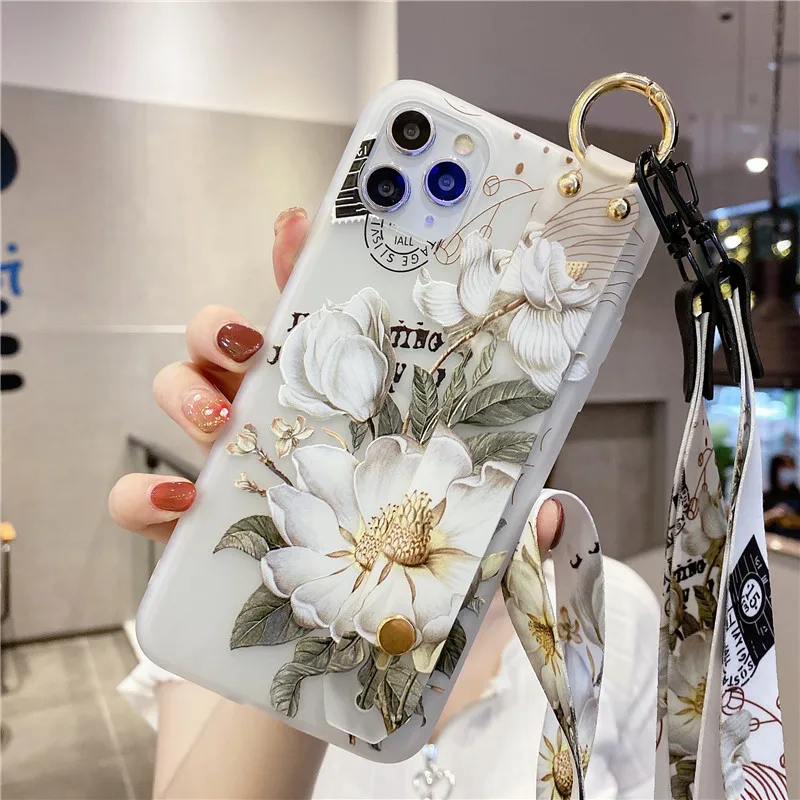 

3D Relief Floral Soft Cases For Xiaomi mi Redmi Note 7 8 8T K20 K30 9 Pro Max Flower Phone Holder Wrist Strap Cover