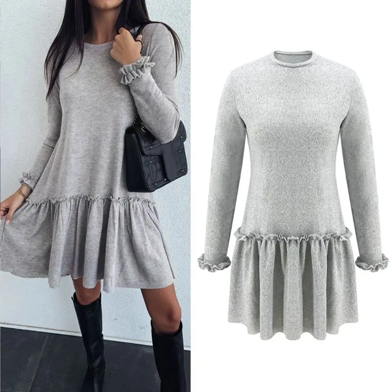 

Женское Плиссированное мини-платье с длинным рукавом, с круглым вырезом и оборками, однотонная свободная уличная одежда для девочек