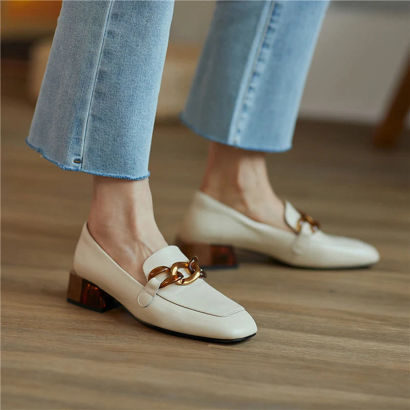 

VERCONAS Autumn New Casual Concise Woman Pumps High Quality Genuine Leather Chain Square Toe High Heels Office Lady Shoes Woman