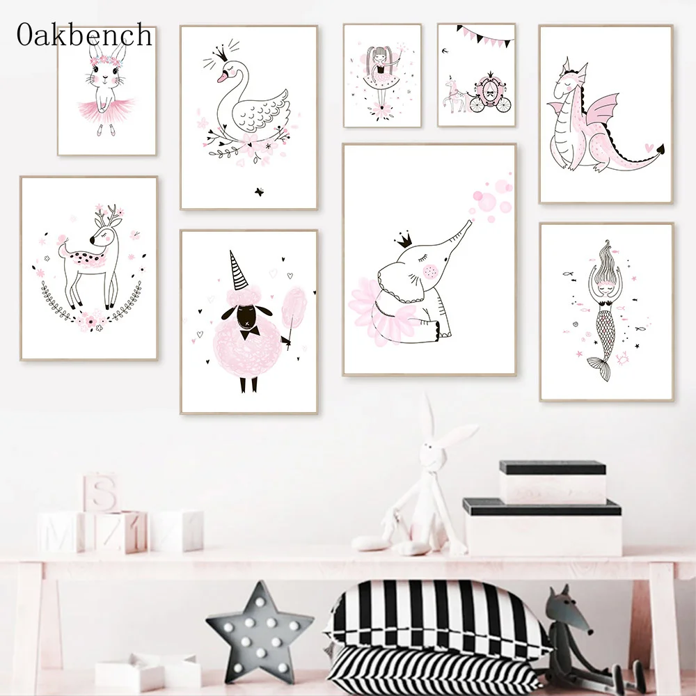 

Nursery Wall Print Pink Canvas Painting Girl Mermaid Poster Swan Elephant Deer Posters Nordic Wall Pictures Baby Room Decoration