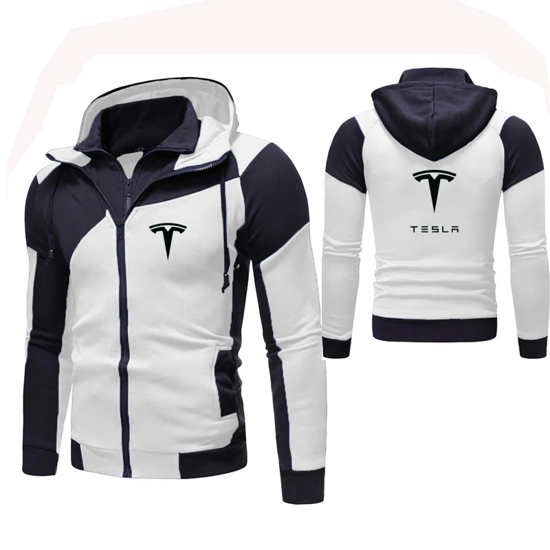 

2021 Fashion Spring TESLA Jacket Men Sweatshirt Zipper Hoody Patchwork Fleece Cotton Zipper Hoodies Harajuku Male Clothing Coat
